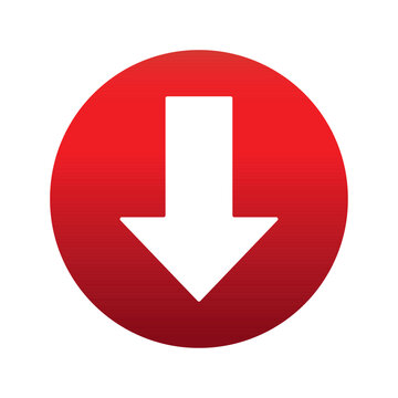 Download arrow icon isolated on red round button vector illustration. Vector down arrow, flat, vector design template icon. 