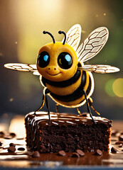 Adorable Little Bee Cartoon Is Fluffy Cute Big Doll Eyes Very Neat Digital, A cartoon bee with a brown background and black and yellow stripes, 3D bee with a soft fuzzy texture and background3d bee 

