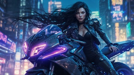 Futuristic Biker Woman in Neon City: High-Tech Cyberpunk Motorcycle Scene for Digital Art Enthusiasts