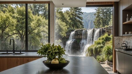 Modern Kitchen with Stunning Waterfall View: Nature Meets Luxury Interior Design