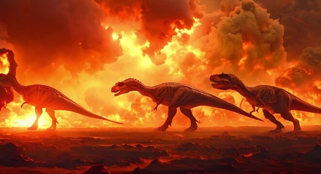 Three dinosaurs walking under fiery sky creating dramatic apocalyptic scene. Concept Dinosaur, Apocalyptic, Fiery Sky, Dramatic Scene