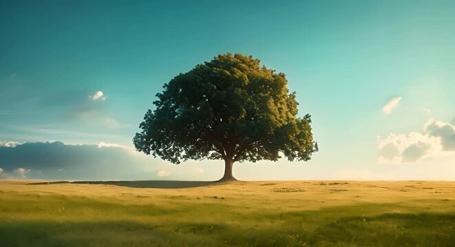 A solitary tree against a vast sky, with space for text. Concept Nature, Landscape, Solitude, Tranquility, Textspace