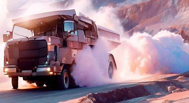 Large mining truck driving through an openpit iron ore mine. Concept Mining industry, heavy machinery, industrial photography, open-pit mining, iron ore mining