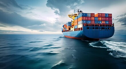 Global shipping industry cargo ships and containers carrying goods across open seas. Concept Global shipping industry, Cargo ships, Containers, Open seas, International trade,