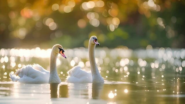 A pair of swans swimming gracefully in a small corner of the pond seemingly unaware of its nuclear purpose.