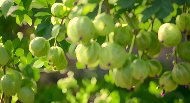 Ripe Gooseberries Glistening in the Sunlight, Ready to Be Picked. Concept Fruit picking, Berry harvest, Ripened berries, Sunny garden, gardening