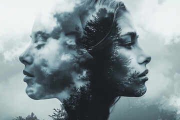 Double exposure portrait woman's profiles merged with clouds and tree silhouettes. Mental health concept, personality disorder, generative ai