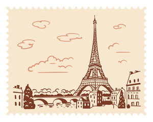 The Eiffel Tower in Paris with a postage stamp in the background of the city. Landmark of Paris. Vector linear illustration. Doodle style