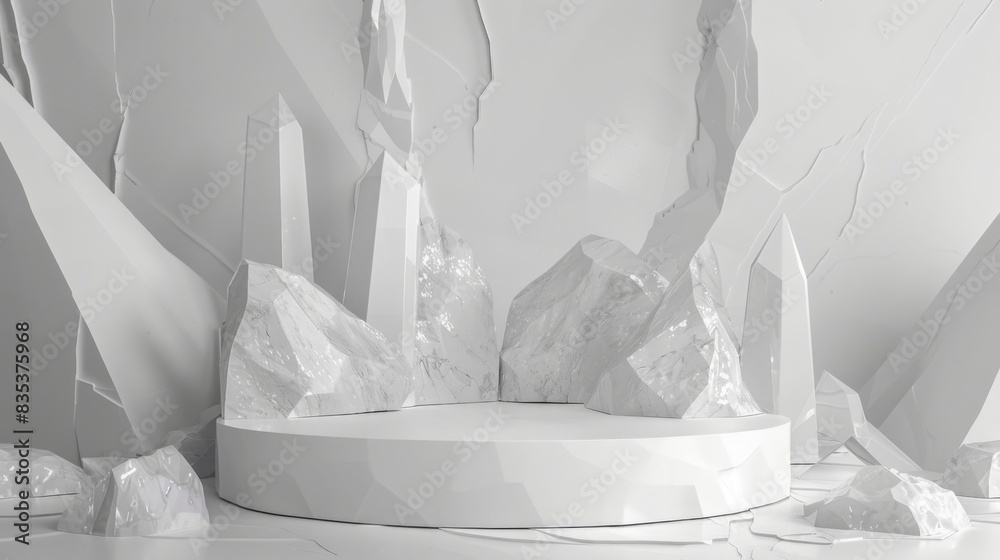 Poster a futuristic setting with large, geometric crystal formations surrounding a circular platform, all i