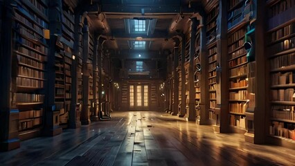 Grand Library Interior with Bookshelves and Sunlight