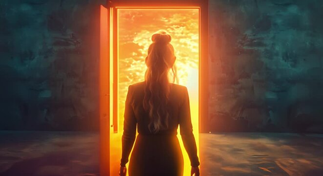 Embracing new beginnings and opportunities: A woman facing a glowing open door. Concept Embracing Change, New Beginnings, Opportunities, Woman Empowerment, Glowing Door