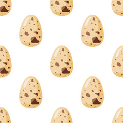 Seamless Quail eggs pattern. Eggs food, breakfast. Natural healthy food protein cooking ingredient. Repeated Flat design for menu, wallpaper, wrapping, packing, textile, scrapbooking. Spotted eggshell