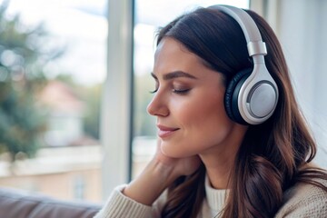 Happy young woman listening to music at home with headphone