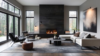 Fototapeta premium Step into the contemporary elegance of a modern American living room showcasing clean lines, a minimalist fireplace, sleek furniture, statement lighting fixtures, abstract artwork
