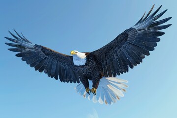 Obraz premium Majestic bald eagle soaring through a clear blue sky, wings spread wide, detailed feathers, sharp eyes 