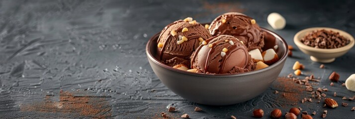 choco ice cream, marsmallow, and nuts. front view. copy space