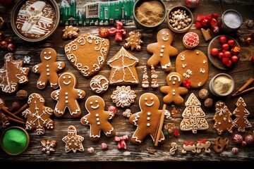 Festive assortment of decorated gingerbread cookies on a wooden table, surrounded by holiday baking ingredients and utensils, colorful and cheerful, top view
