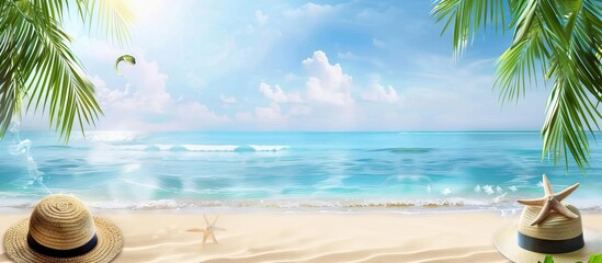 Banner with the image of sea, ocean, beach, palm trees, sun loungers. The idea of relaxation, summer trip, travel, vacation. Copy space for advertising.
