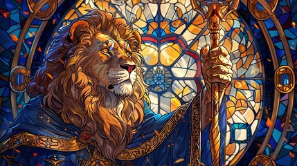 A lion is holding a staff and standing in front of a stained glass window