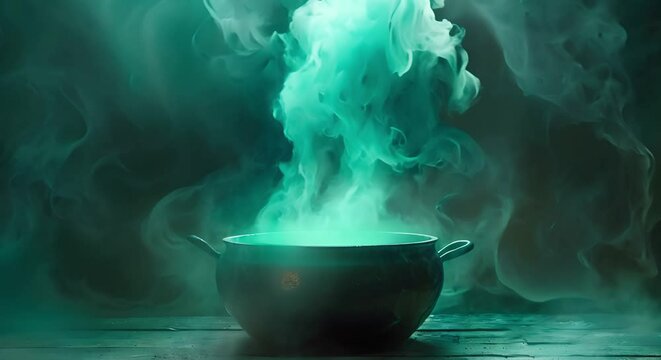 Mysterious cauldron emits an eerie green glow surrounded by atmospheric darkness. Concept Dark Fantasy, Eerie Atmosphere, Mysterious Cauldron, Green Glow, Magical Scene