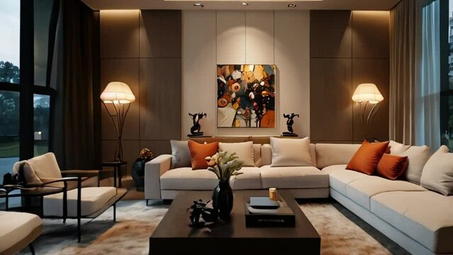 Modern Living Room with Beige Sectional Sofa, Floor Lamps, and Abstract Artwork
