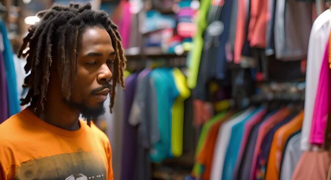 A man with dreadlocks browsing in a clothing store. Concept Fashion Shopping, Men's Style, Clothing Trends, Urban Lifestyle, Dreadlock Hairstyles