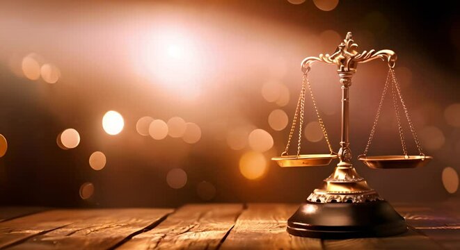 Golden scale on wooden base illuminated by spotlight representing justice theme for lawyers. Concept Legal Profession, Justice Symbol, Lawyer's Office, Law Symbolism