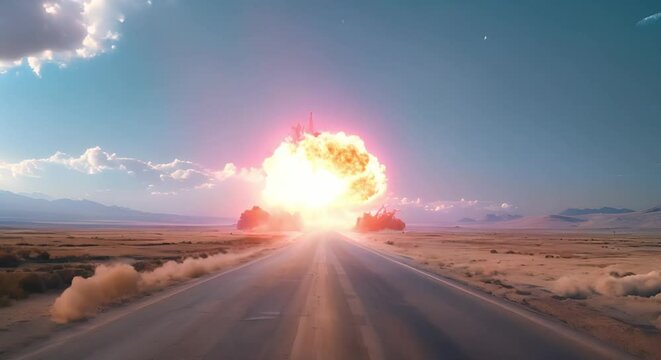 The Road to Devastation: Symbolizing the Catastrophic Effects of Nuclear Warfare. Concept Nuclear Warfare, Devastation, Symbolism, Catastrophic Effects, War Photography