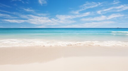 Fototapeta premium A picturesque beach scene with clear blue sky, tranquil ocean, and golden sand