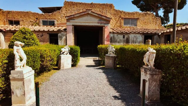 Hunting sculptures at the House of the Deer (Casa dei Cervi), Herculaneum, Ercolano, Naples, Campania, Italy, a city buried by Mount Vesuvius in 79 AD