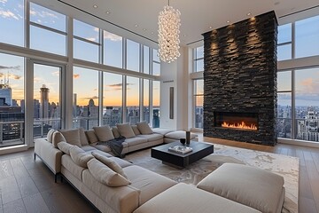 Step into the contemporary elegance of a modern American living room showcasing clean lines, a minimalist fireplace, sleek furniture, statement lighting fixtures, abstract artwork