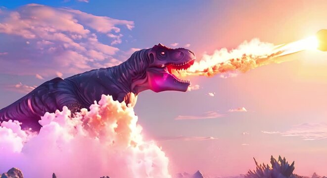 Hyperrealistic depiction of Tyrannosaurus rex during meteorite impact causing dinosaur extinction. Concept Dinosaurs, Extinction, Tyrannosaurus rex, Meteorite Impact, Paleontology