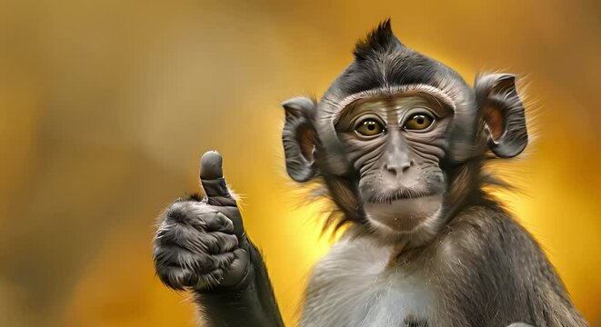 Happy monkey giving thumbs up closeup with yellow background and copy space. Concept Animal Photography, Positive Expressions, Wildlife Portraits, Thumbs Up Gestures, Copy Space in Images