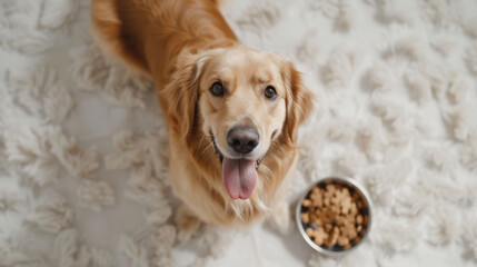 Adorable golden retriever sitting by a food bowl, looking at the camera with a happy expression