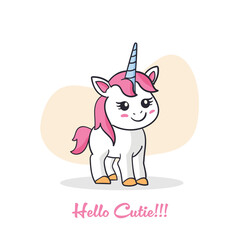Cartoon style unicorn illustration with hello cutie written. Animal nature wallpaper concept. Unicorn isolated on plain background.