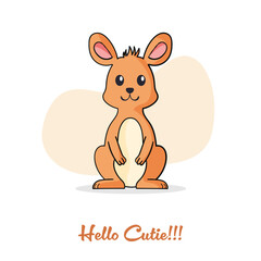 Cartoon style Kangaroo illustration with hello cutie written. Animal nature wallpaper concept. Kangaroo isolated on plain background.