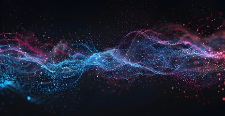 Fototapeta premium Abstract background with lines and glowing dots in blue, purple and red colors on a dark black backdrop 