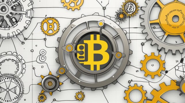 The image is a steampunk style illustration of a bitcoin