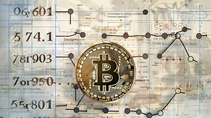 Fototapeta premium Gold bitcoin on financial chart, symbolizing cryptocurrency market trends.