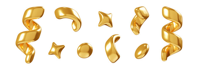 Birthday party popper golden confetti streamer element. 3d render illustration set of surprise or winner congratulation gold serpentine ribbon. Fly and float party decor after explosion of firecracker