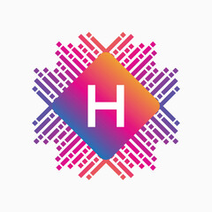 letter H Logo with Pulse music player element. Logo template electronic music, equalizer, dj, nightclub, disco. Audio wave logo concept, Multimedia