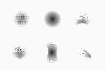 Set of dotted abstract forms. Grunge halftone dot pattern in black and white colors. Modern background for business cards, posters, sites, covers and postcards. Pop Art Design. Vector illustration.