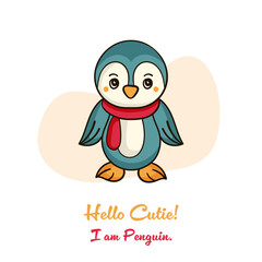 Cute cartoon bird sitting on a abstract background. Vector illustrations with text Hello Cutie.