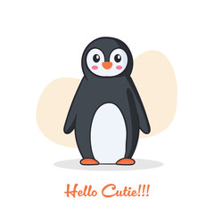 Cute cartoon penguin on a abstract background and standing on iceberg. Vector illustration with text Hello Cutie.