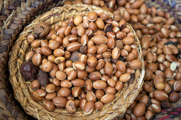 Close-up of shelled argan nuts, similar to almonds, in Essaouira, Morocco. Key ingredient in cooking and cosmetics.