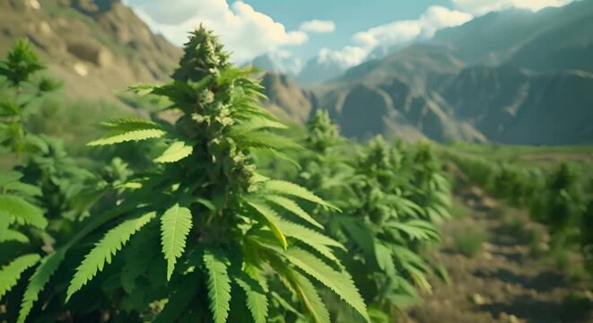 Wide angle shot of outdoor cannabis plantation in the mountains. Concept Landscape Photography, Cannabis Cultivation, Mountain Scenery, Outdoor Adventure