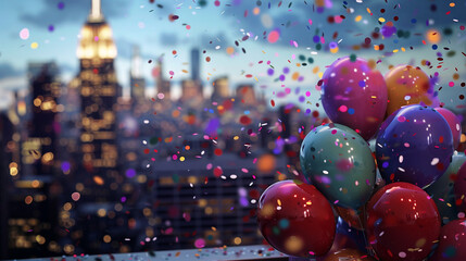 Elegant scene with balloons on the bottom right corner, confetti in the air, in a chic rooftop event