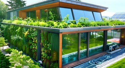Green buildings use solar panels green roofs and water harvesting for energy efficiency. Concept Sustainable Architecture, Green Energy, Solar Power, Water Harvesting, Energy Efficiency