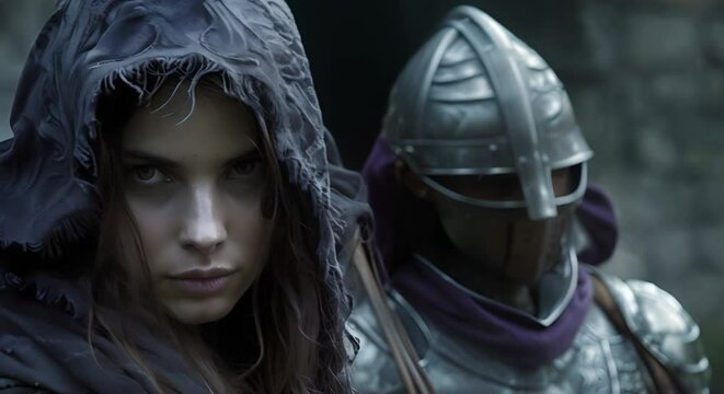 Fantasy dark elf woman in hooded attire approaches armored warrior. Concept Character Design, Fantasy Art, Role-playing Games, Hooded Attire, Armored Warrior