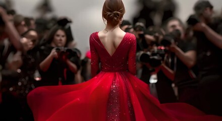 A woman in a striking red dress posing on the red carpet at a premiere with photographers. Concept Fashion, Red Carpet, Woman, Premiere, Photography